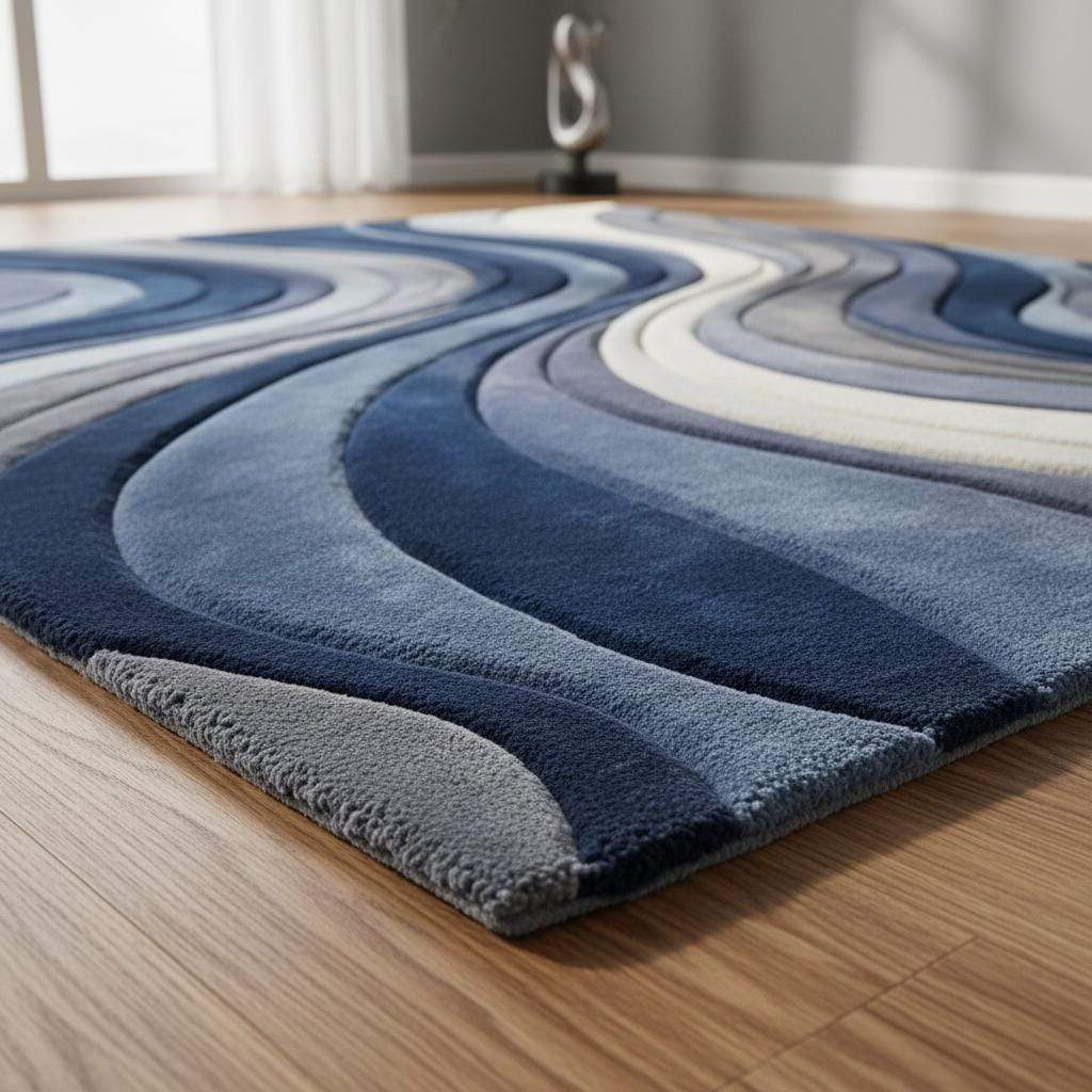 Mid Century Modern Rug with blue sculpted wave pattern and plush textured surface