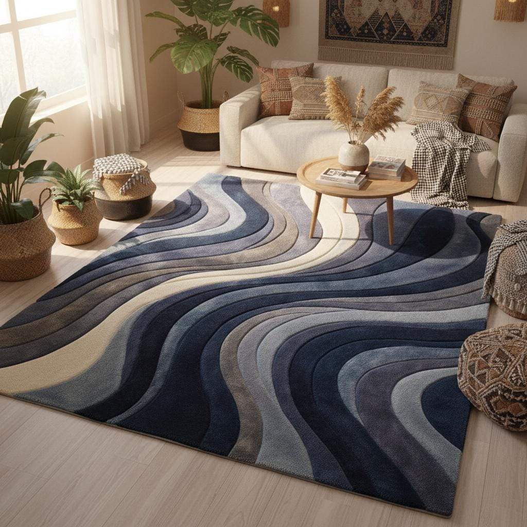 Contemporary abstract blue rug with flowing organic pattern and soft carved texture