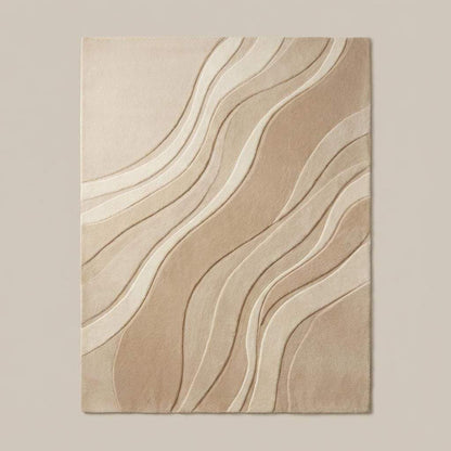 Plush beige textured rug featuring organic wave design, perfect for modern Scandinavian or Japandi home decor.