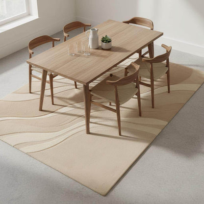 Modern neutral area rug with soft plush pile and carved wave texture in beige for minimalist and Scandinavian decor
