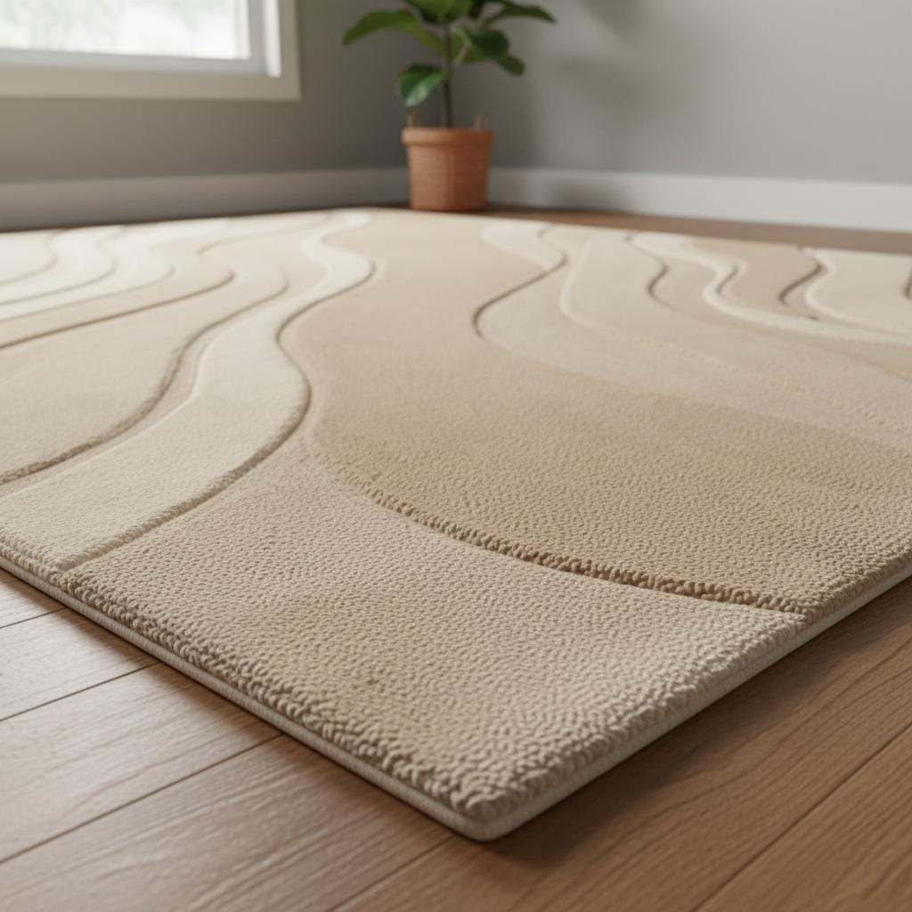 Textured modern rug in neutral tones, styled with mid-century chair and natural plants for a calm aesthetic.
