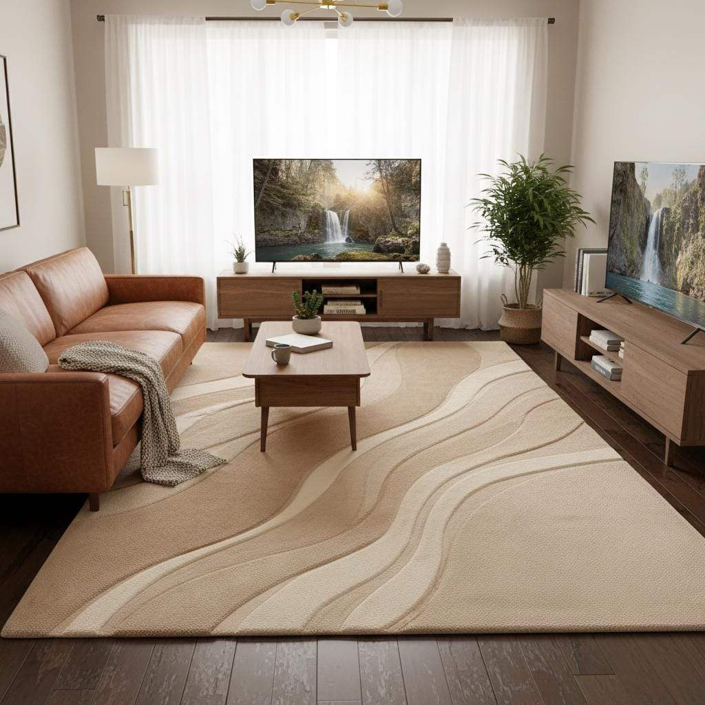 Organic modern area rug with raised wave detailing, designed for cozy yet refined contemporary interiors.