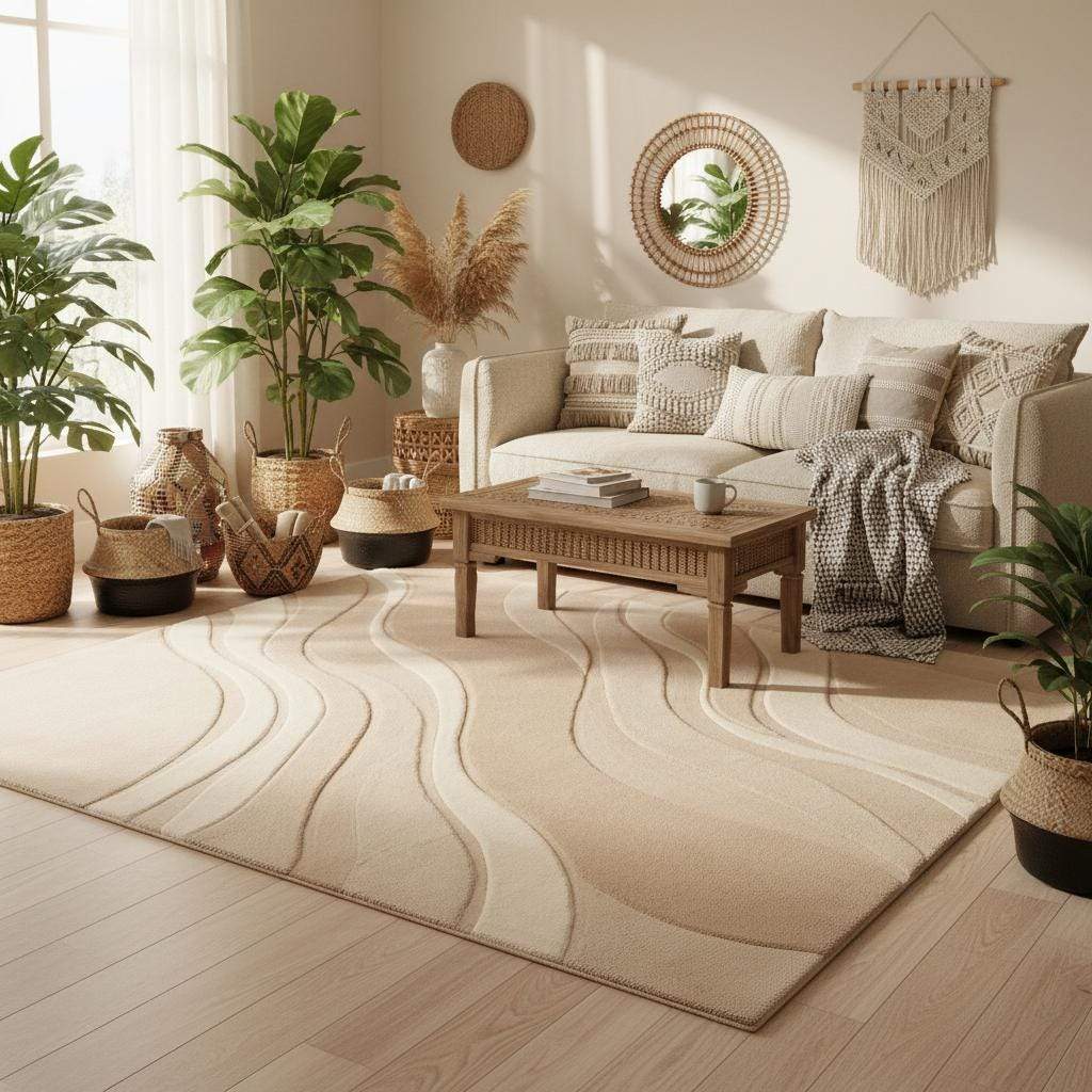 Soft neutral area rug with carved wave texture placed in a bright living room with natural wood flooring.