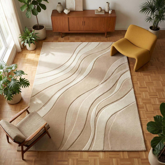 Modern neutral area rug with plush beige pile and carved wave texture for minimalist and Scandinavian decor