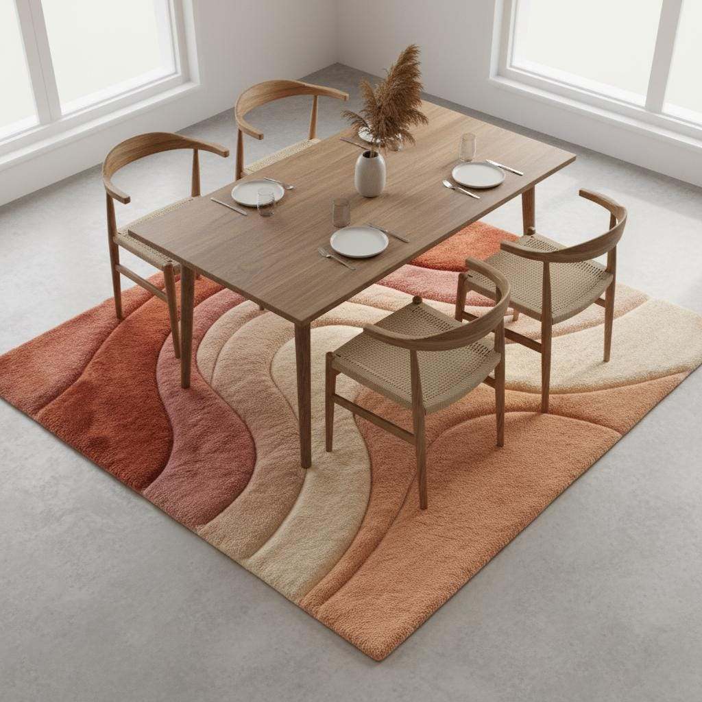 Earth tone boho rug with soft high pile texture used as living room statement floor decor