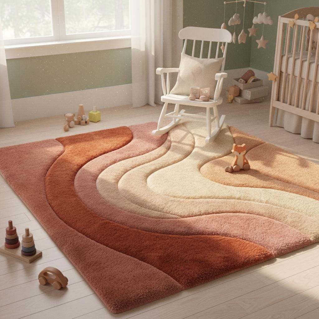 Mid century modern rug with sculpted texture and organic shapes styled with neutral furniture