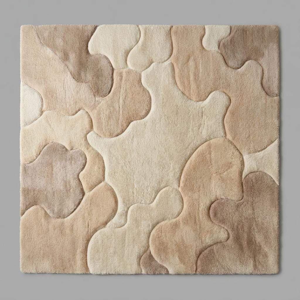 Organic shape neutral rug with soft high pile texture styled in Japandi minimalist home decor