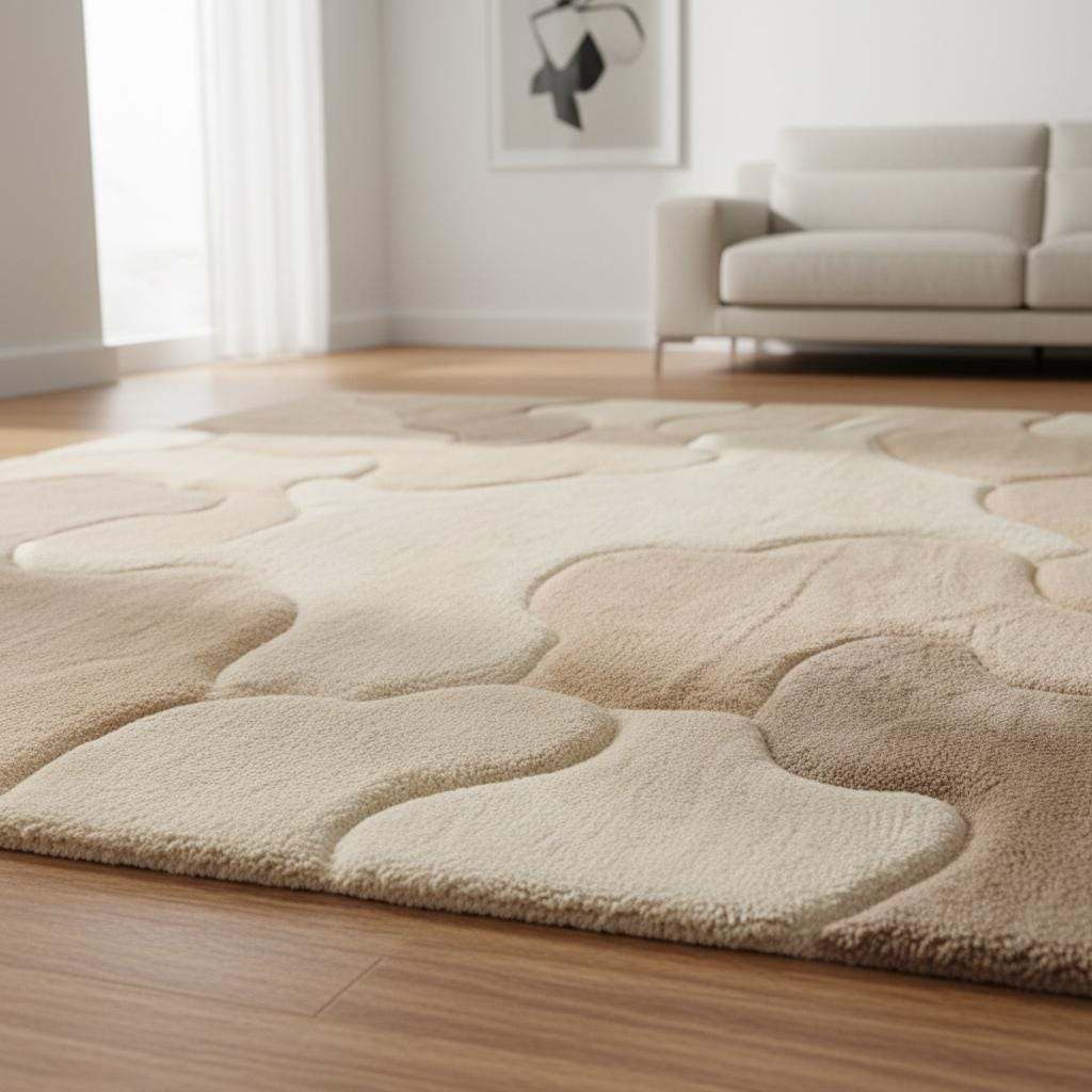 Textured neutral area rug featuring organic curves, ideal for Scandinavian and boho interiors