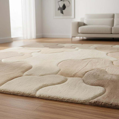 Textured neutral area rug featuring organic curves, ideal for Scandinavian and boho interiors