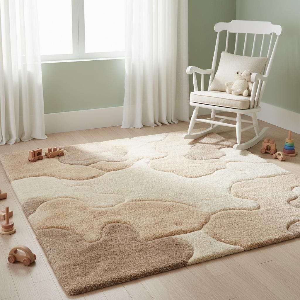 Organic area rug with plush high pile and neutral sculpted pattern for Scandinavian Japandi living room decor