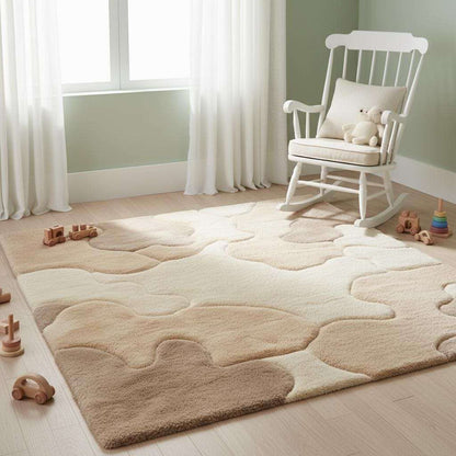 Organic area rug with plush high pile and neutral sculpted pattern for Scandinavian Japandi living room decor