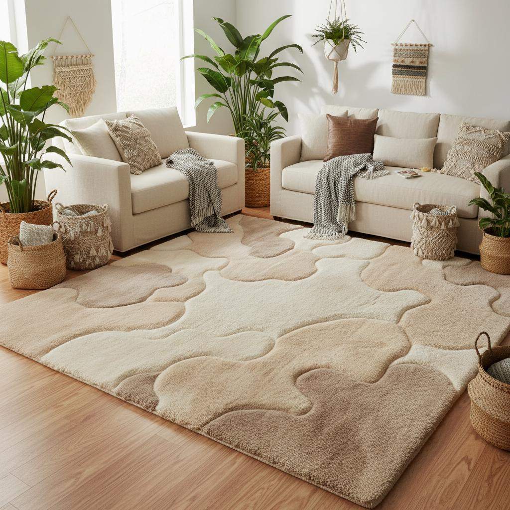 Plush beige abstract rug with cloud-like pattern placed in a modern living room with wood floors