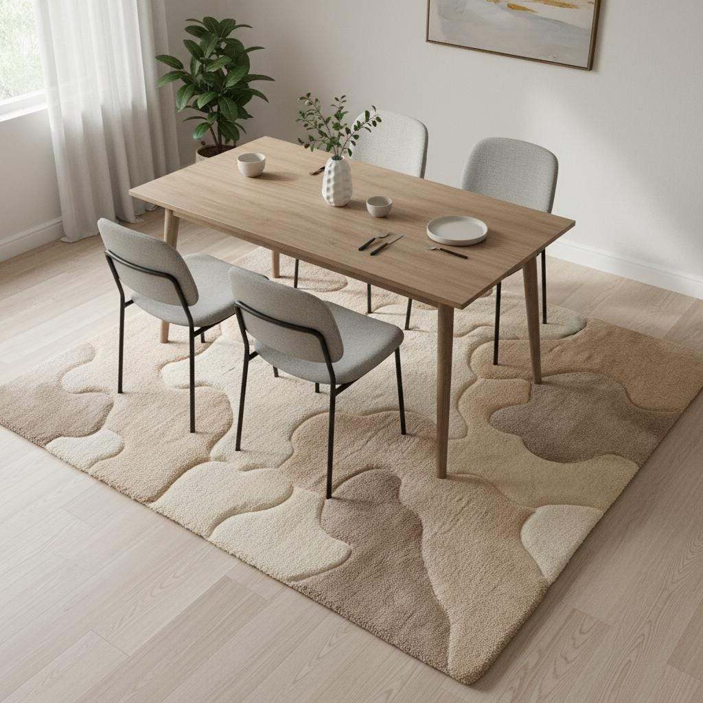 Minimalist beige area rug with plush texture styled in a contemporary home setting