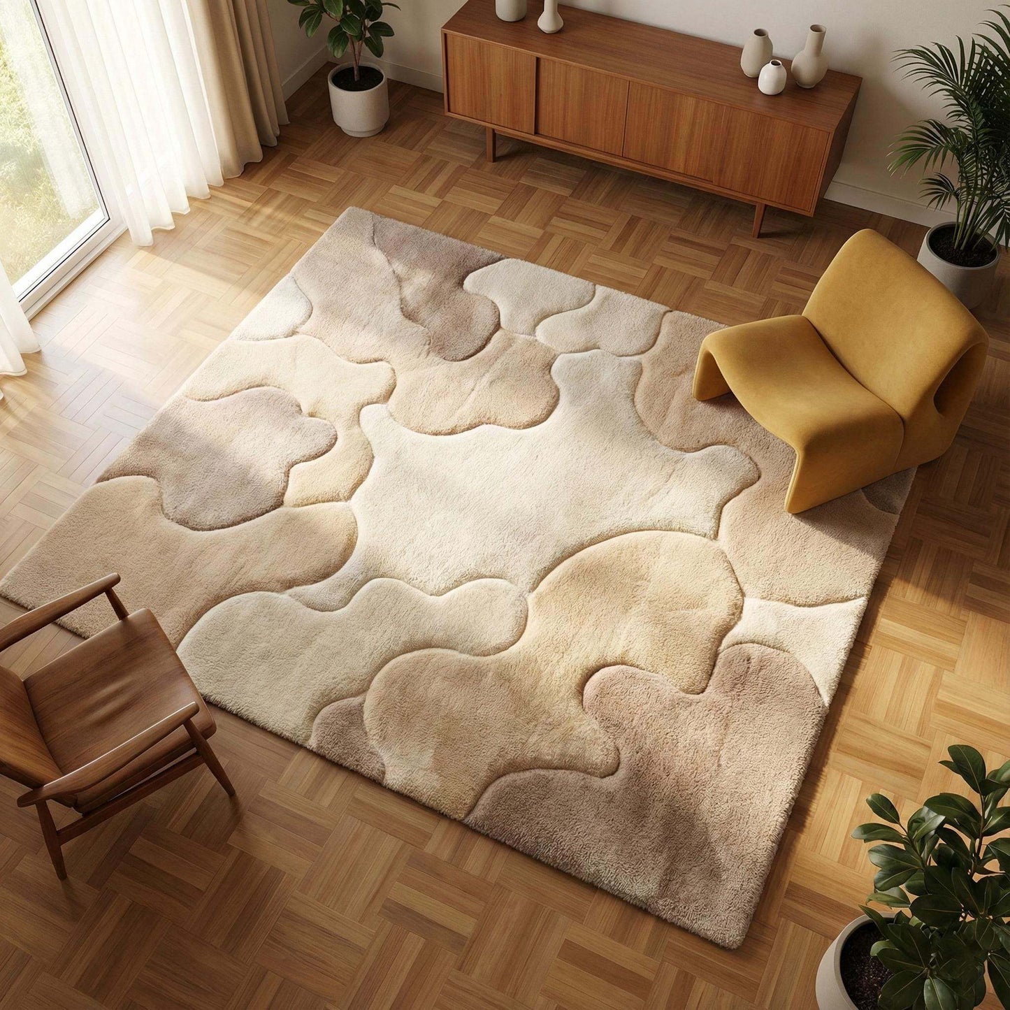 Organic area rug with plush high pile and sculpted beige pattern for Scandinavian Japandi living room decor