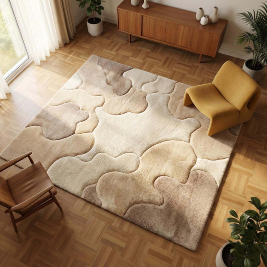 Organic area rug with plush high pile and sculpted beige pattern for Scandinavian Japandi living room decor