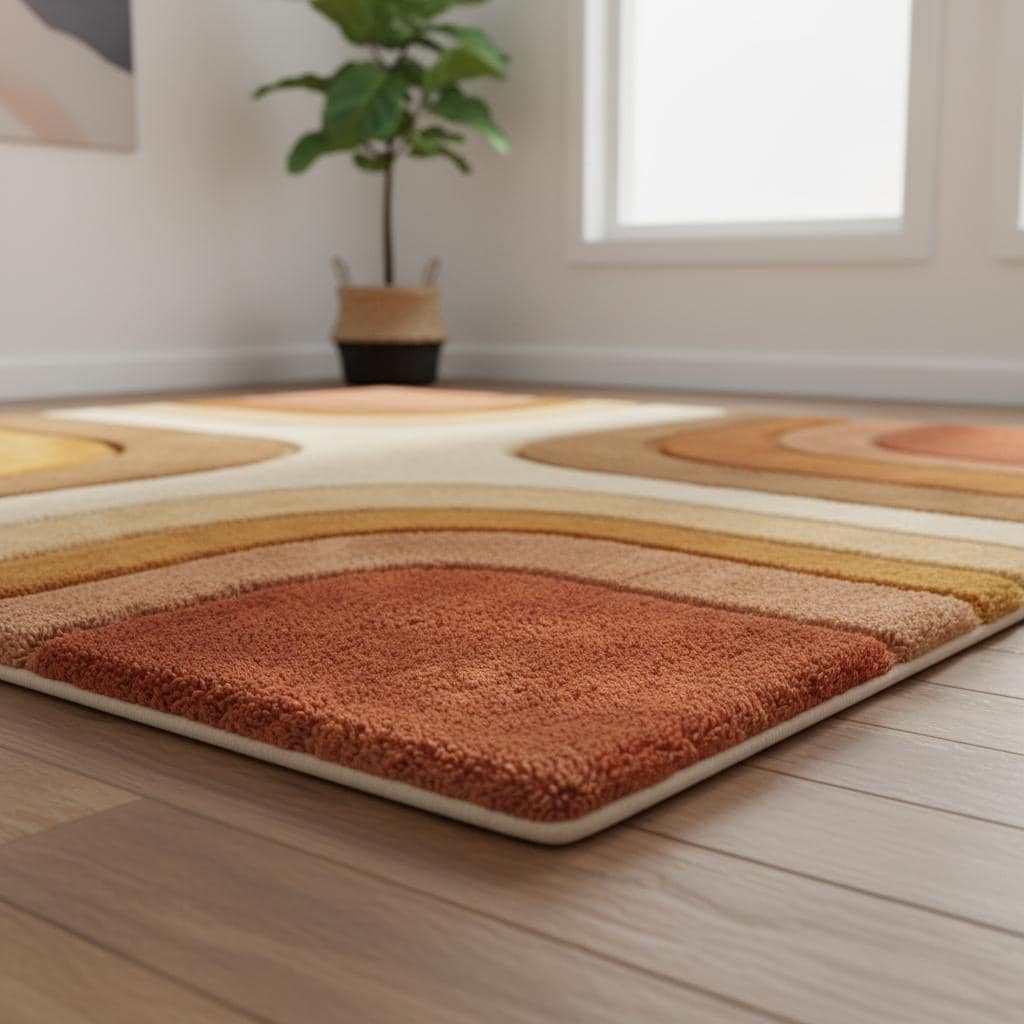 Mid century modern rug with retro geometric pattern and earth tone shag carpet for cozy boho decor