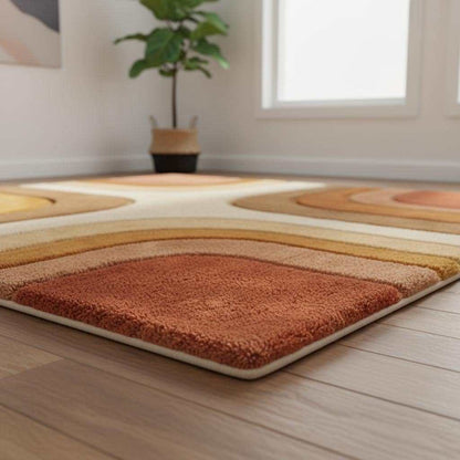 Mid century modern rug with retro geometric pattern and earth tone shag carpet for cozy boho decor