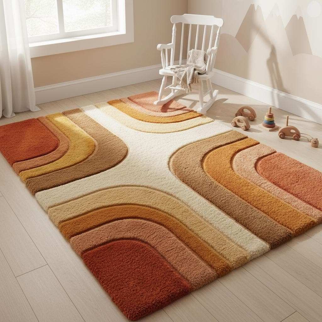Soft geometric area rug suitable for a nursery or kids room, featuring warm neutral colors and plush texture that creates a cozy, inviting play space while complementing modern nursery decor styles.