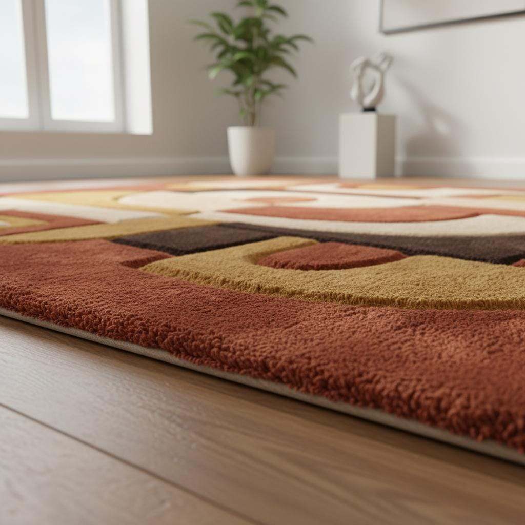 Mid century modern rug with abstract geometric earth tone design and textured surface