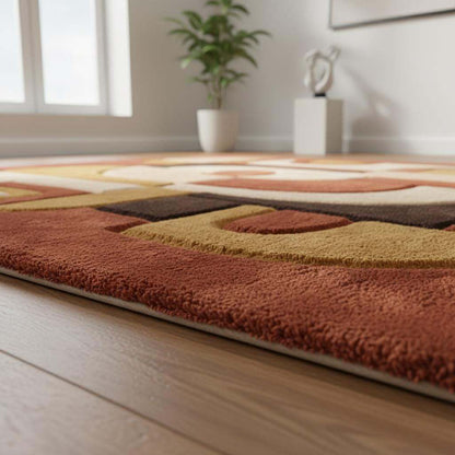 Mid century modern rug with abstract geometric earth tone design and textured surface