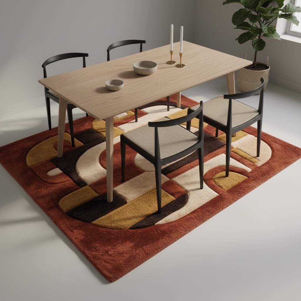 Mid century modern rug with abstract geometric earth tone design and plush texture