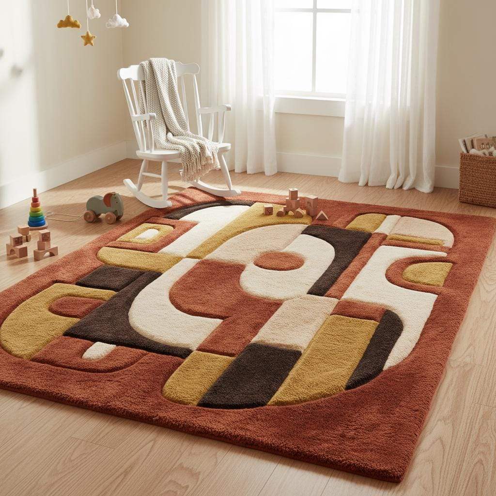 Soft abstract area rug styled in a nursery or kids room, adding warmth, comfort, and modern design while remaining cozy and visually calming.