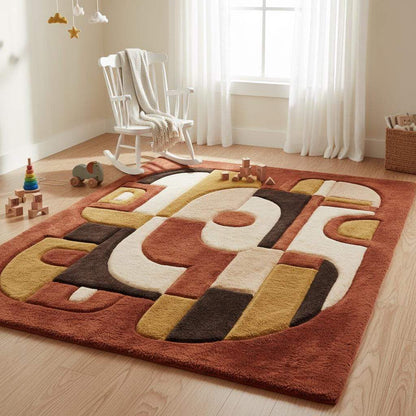 Soft abstract area rug styled in a nursery or kids room, adding warmth, comfort, and modern design while remaining cozy and visually calming.