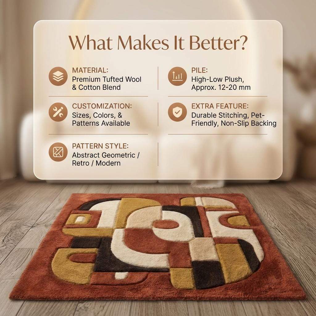 Mid century modern rug with abstract earth tone geometric pattern and plush textured pile