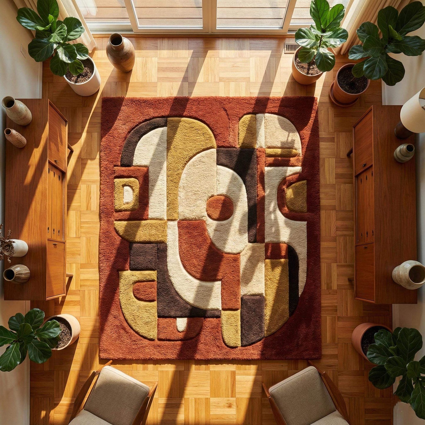 Mid century modern rug with abstract geometric earth tone design and plush textured surface