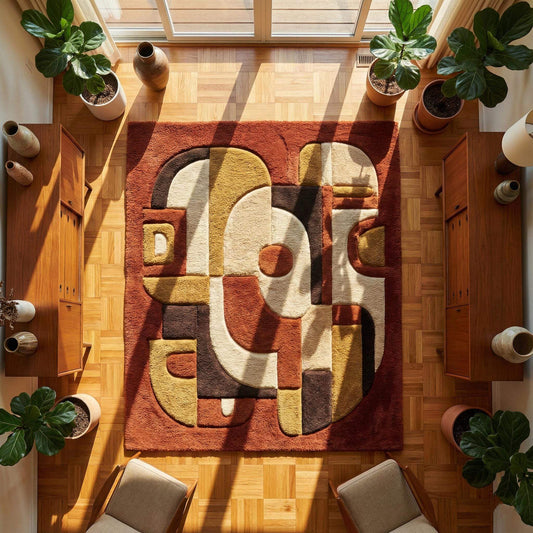Mid century modern rug with abstract earth tone geometric pattern and plush texture