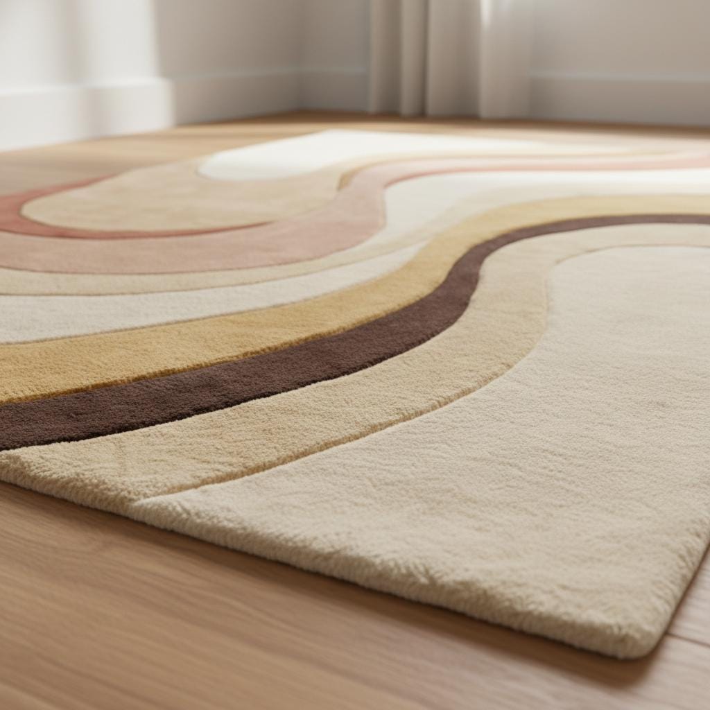 Abstract boho rug with earth tone colors and organic curve design for modern living rooms