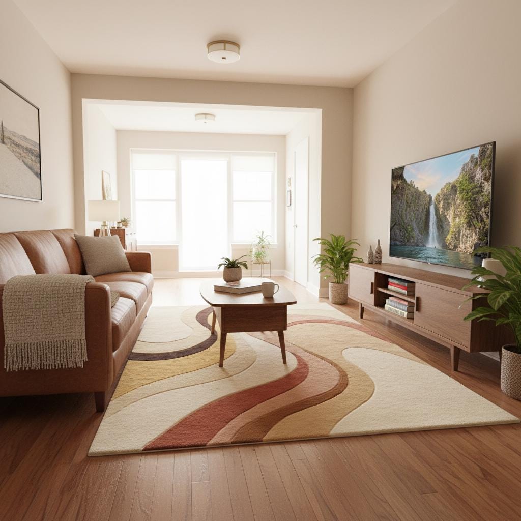 Edge and corner detail of abstract floor rug showing clean finish, smooth borders, color transitions, and proportional design for modern interiors.