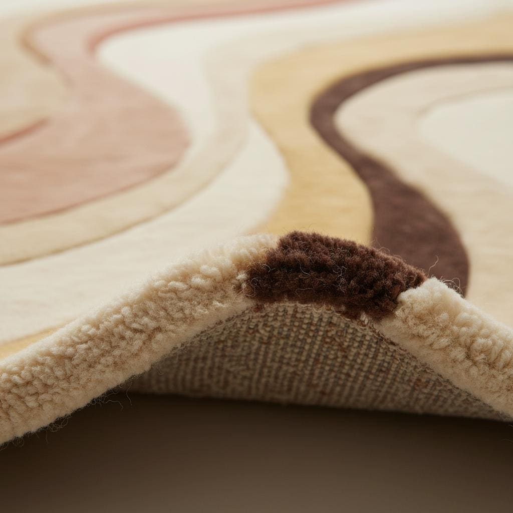 Close-up detail of abstract area rug texture showing dense plush fibers, soft pile, smooth weave, and high-quality craftsmanship in warm neutral earth tones.
