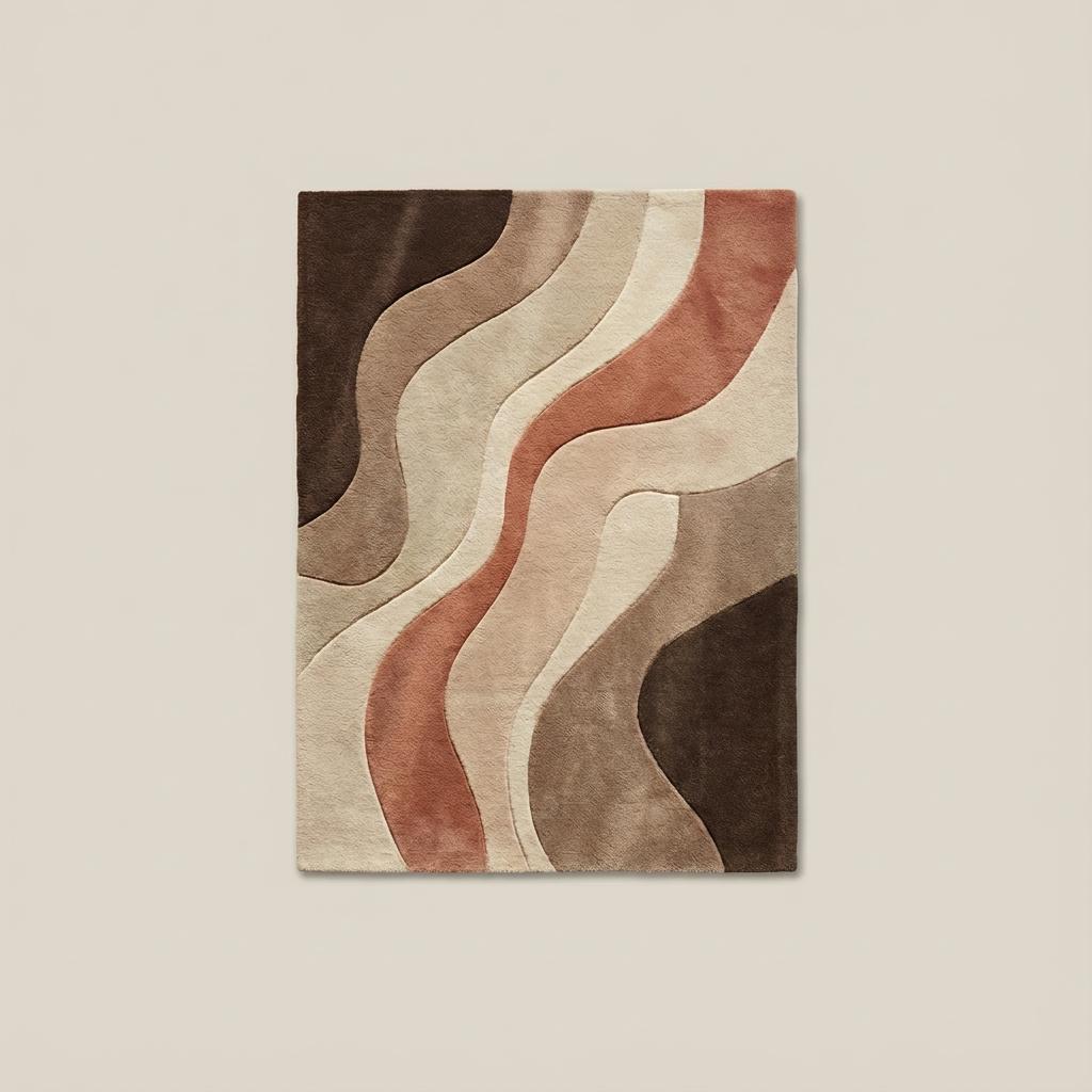 Top-down view of abstract wave pattern rug displaying full design layout, organic curved lines, neutral color palette, and modern minimalist carpet styling.