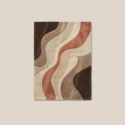 Top-down view of abstract wave pattern rug displaying full design layout, organic curved lines, neutral color palette, and modern minimalist carpet styling.