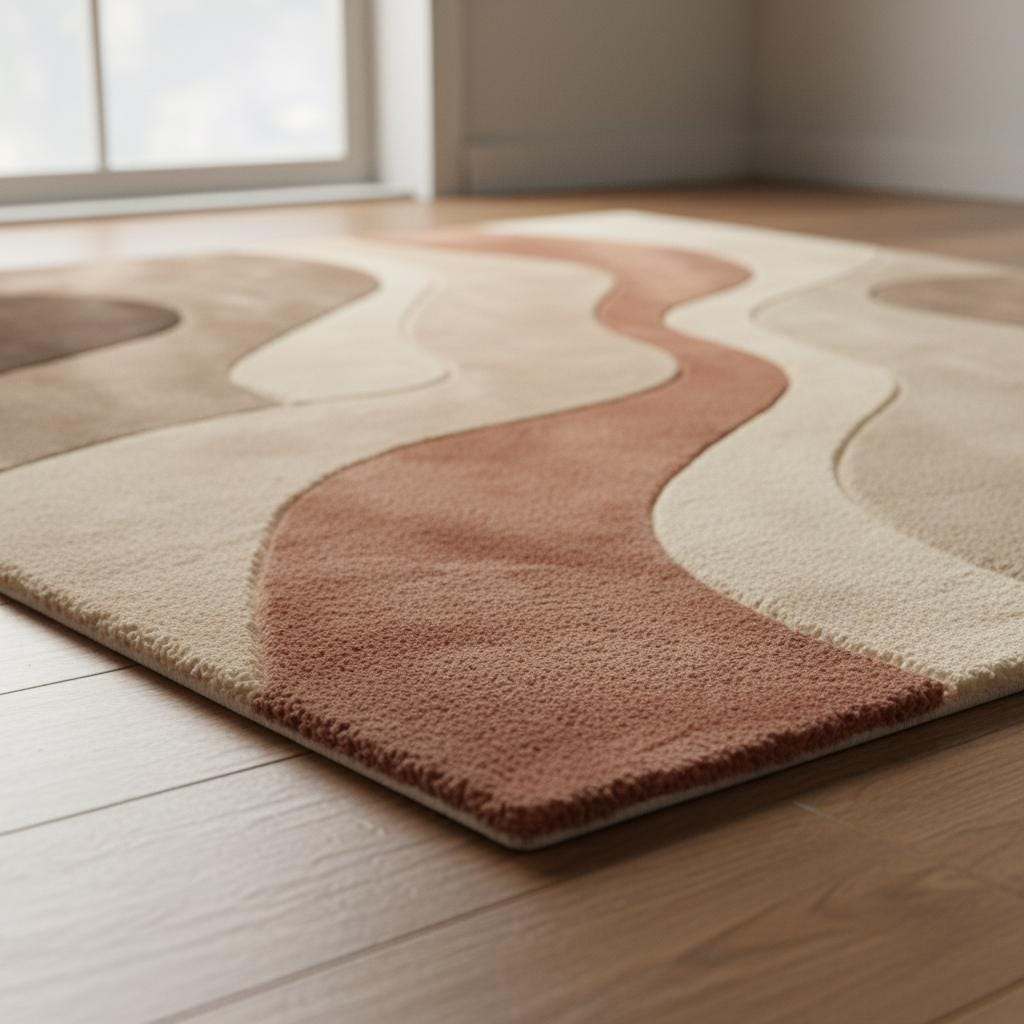 Abstract neutral area rug with earth tones and plush cozy texture, featuring a minimalist wave pattern for modern living spaces.