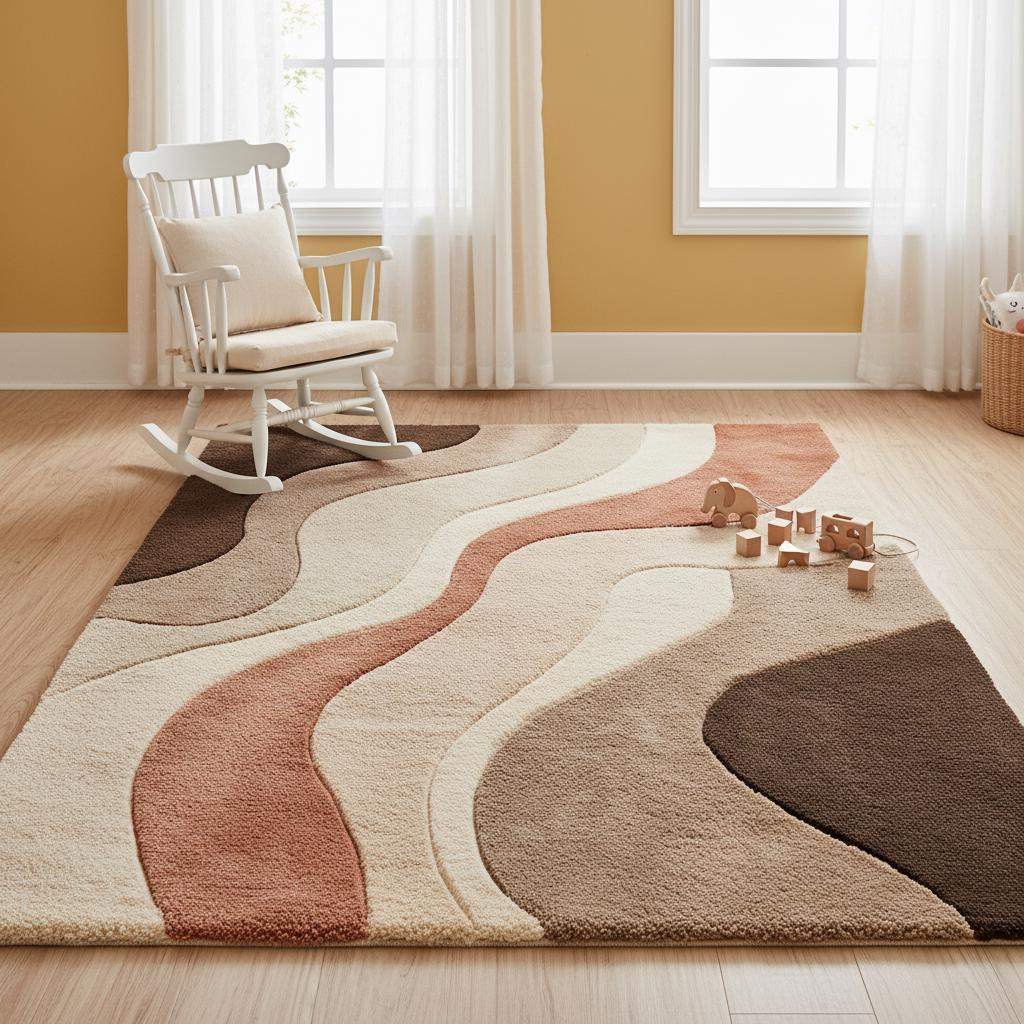 Soft neutral abstract rug styled in a nursery, highlighting plush comfort, calming earth tones, and family-friendly warmth perfect for kids’ or baby rooms.