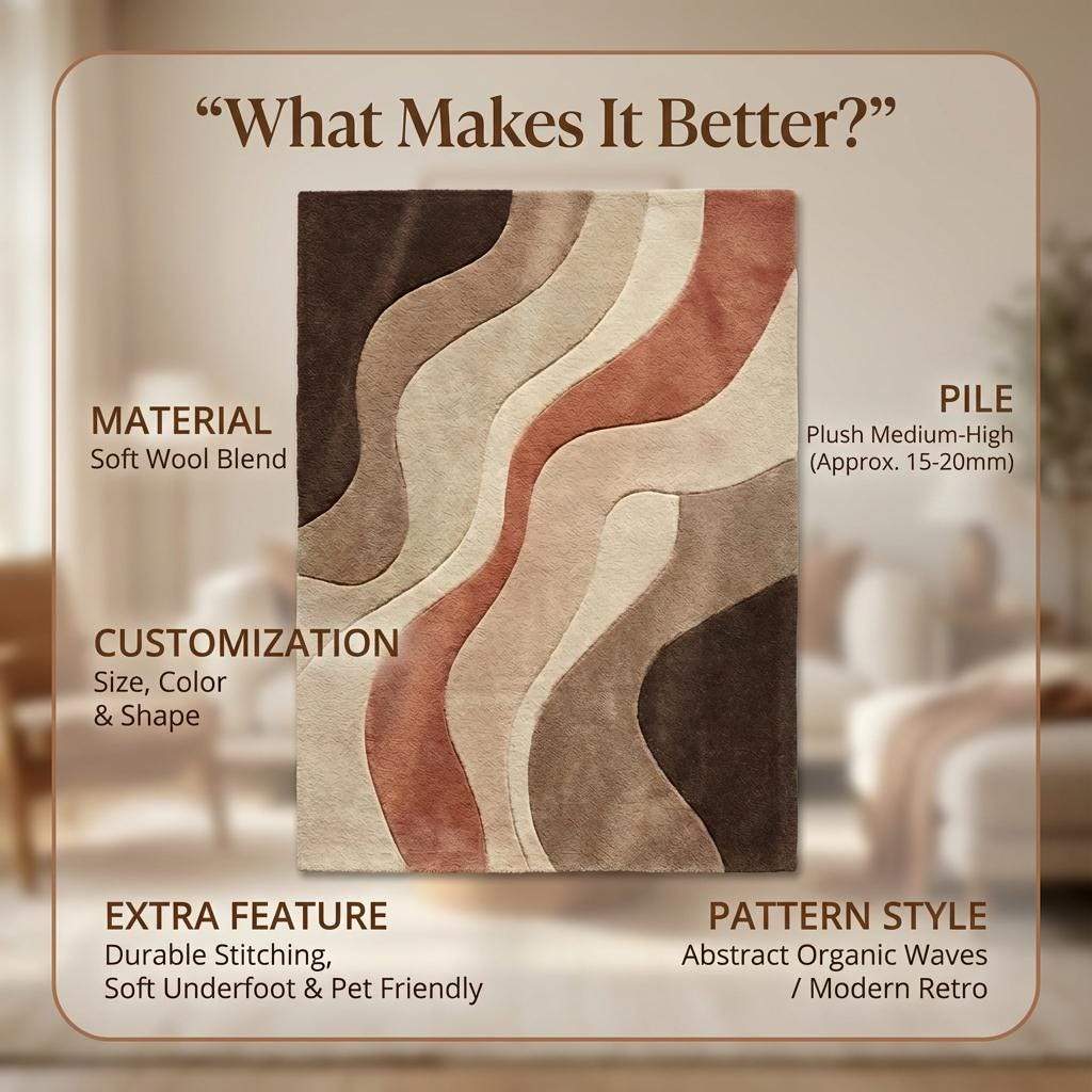 Abstract neutral area rug with earth tone colors and plush cozy texture featuring a minimalist wave pattern for modern home decor.