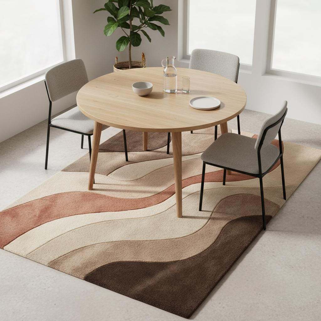 Abstract neutral rug with soft wave pattern in beige, modern hand-tufted living room carpet.