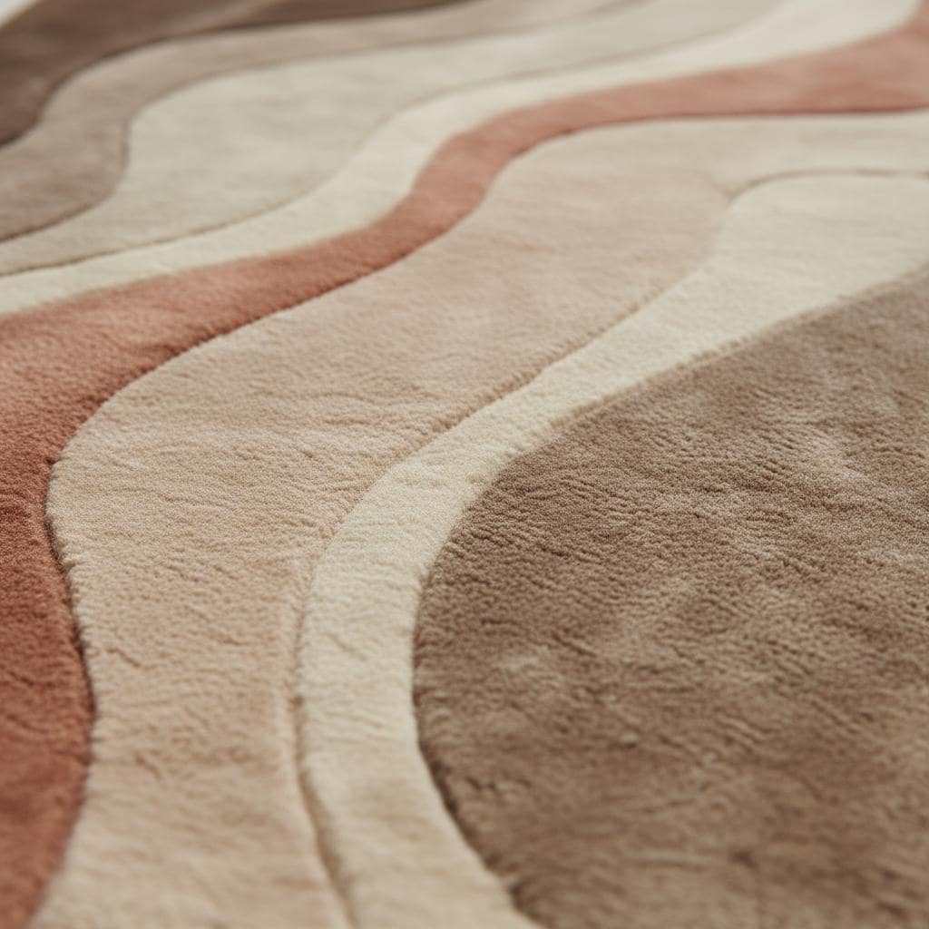 Abstract neutral rug with soft wave pattern in beige, hand-tufted plush carpet for modern living room and Scandinavian decor