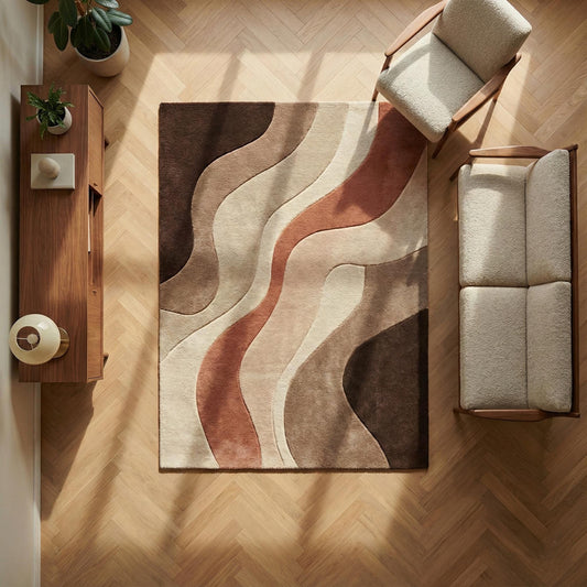 Abstract neutral rug with soft wave pattern in beige, hand tufted plush carpet for modern Scandinavian living rooms