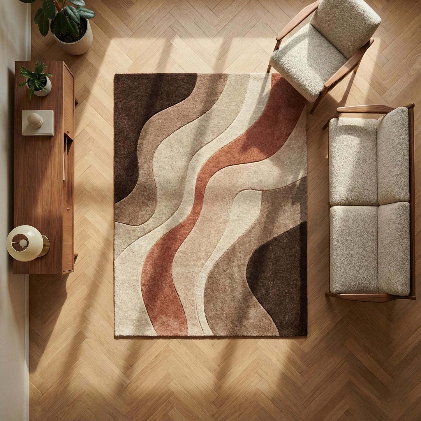 Abstract neutral area rug with plush earth tones and minimalist wave pattern for modern home décor