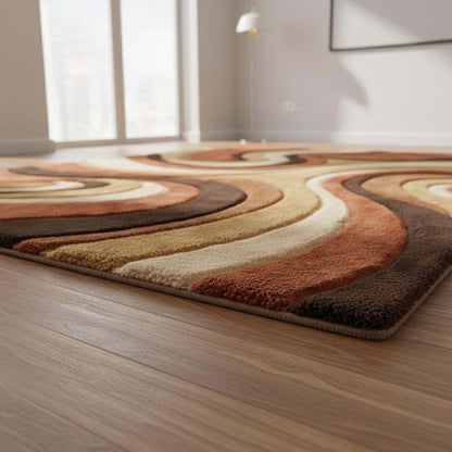 Mid century shag rug with abstract swirl design and earth tone colors