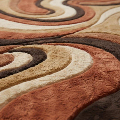 Mid century shag rug with abstract swirl pattern in earth tones and plush high-pile texture
