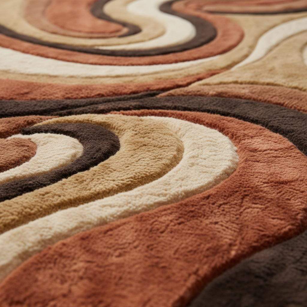 Mid century shag rug with retro abstract swirl design in warm earth tones