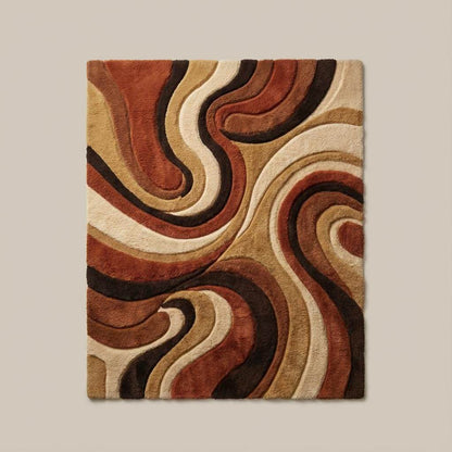 Top-down view of abstract mid century area rug displaying full wavy swirl design, balanced color flow, and retro inspired pattern across the entire rectangular rug surface.