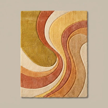 Top-down view of abstract mid century modern rug with curved wave design, warm earth tone palette, and clean rectangular shape displayed on wood flooring.