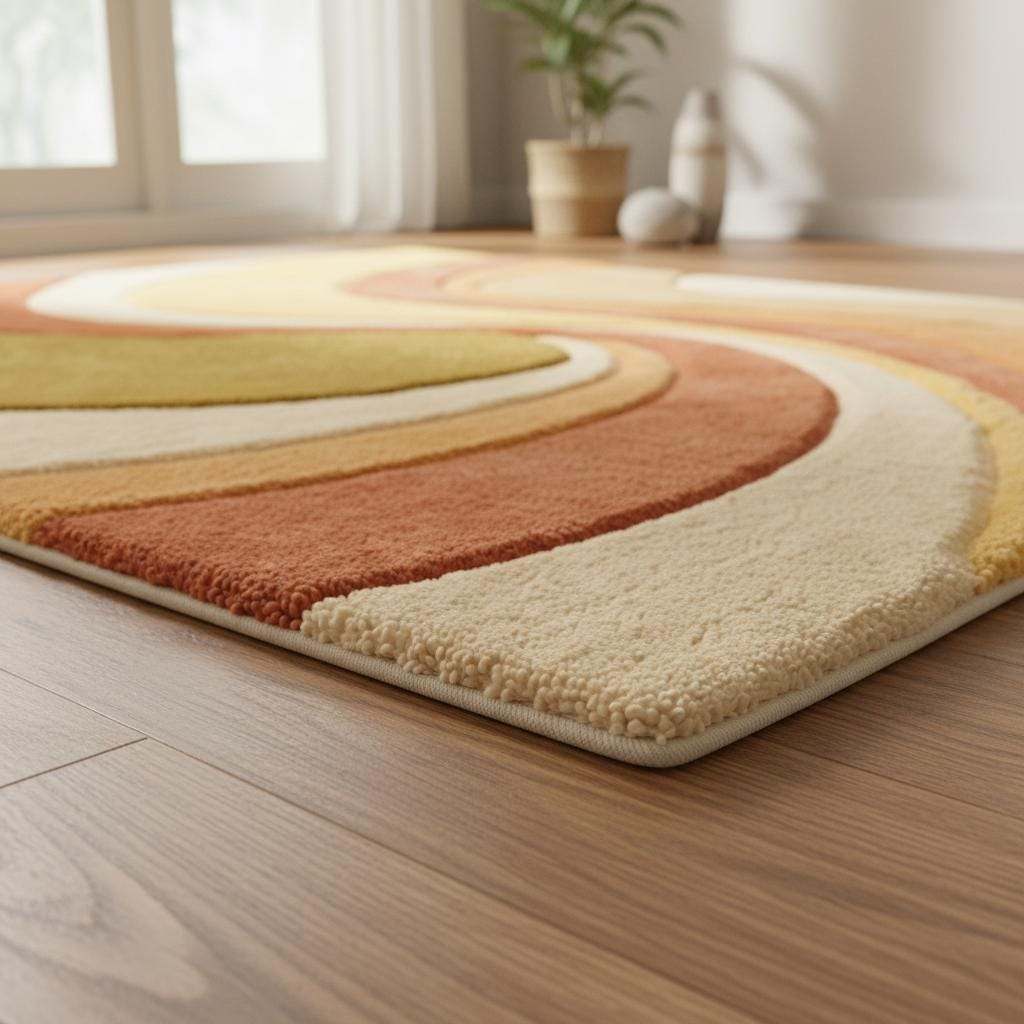 Boho area rug with plush textured mid century tufted earth tone wave pattern