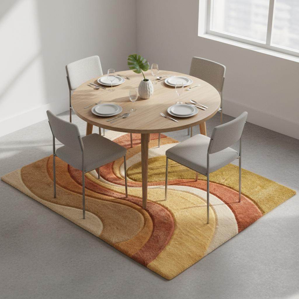 Boho area rug with plush tufted texture and earth tone wave pattern for modern boho decor