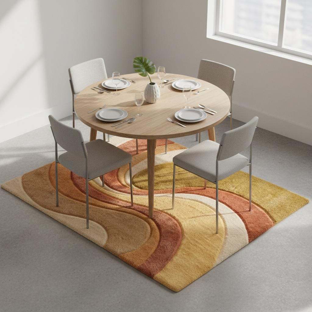Boho area rug with mid century earth tone wave pattern and plush tufted texture